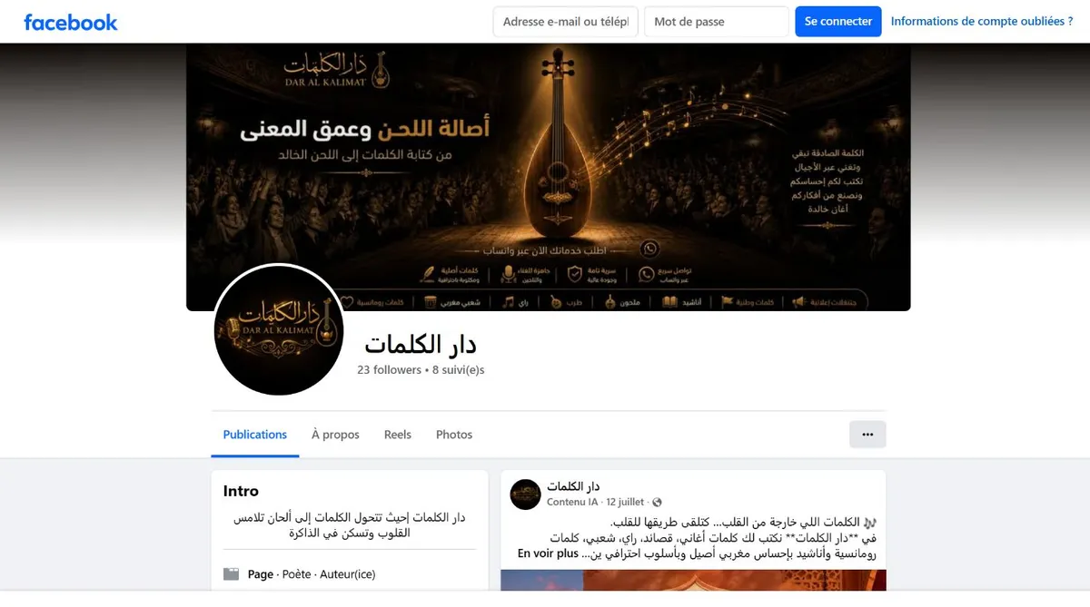 Capture réelle de la page Facebook دار الكلمات